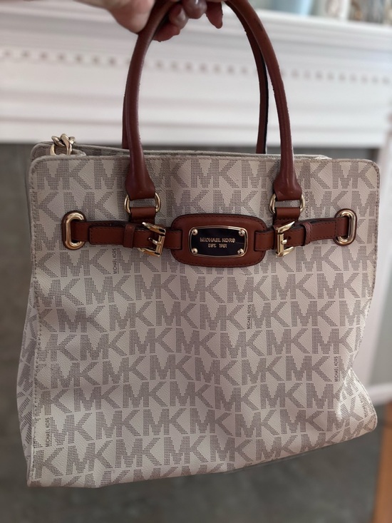 Michael Kors Handbags - Michael Kors Beige MK Logo Tote with Brown Leather Handles